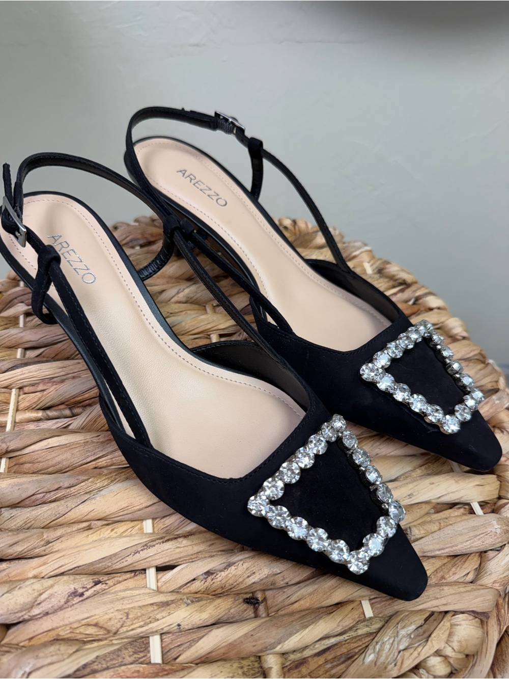 AREZZO Black Slingback Pointed Toe Flats with Crystal Buckle 7 US NEW